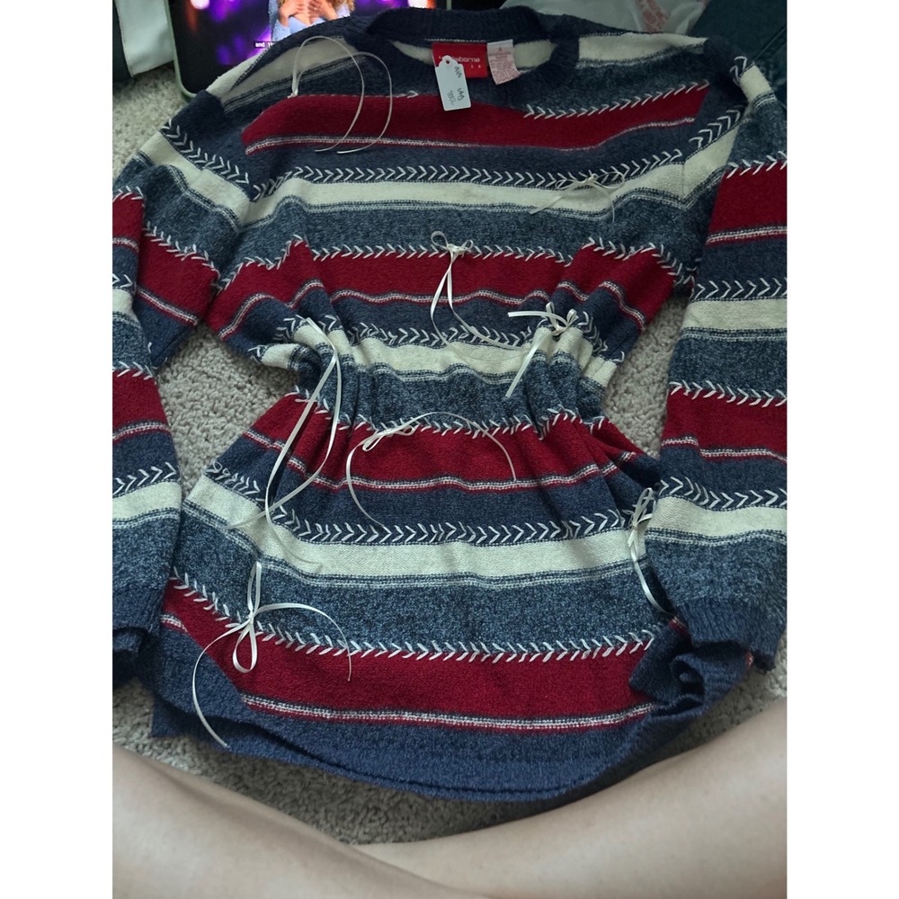 Vintage Y2K Coquette Ribbon Striped Knit Sweater Liz Claiborne Red Blue 2002 S